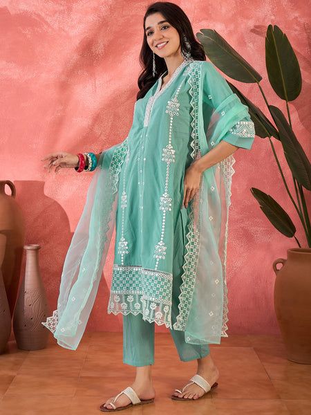 Embroidered Cotton Kurta Set with Straight Pants