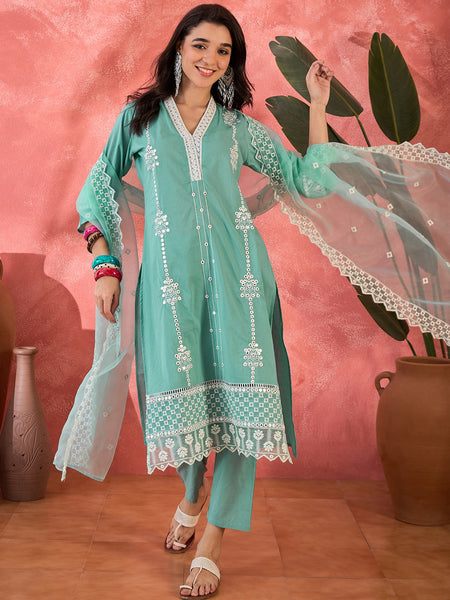 Embroidered Cotton Kurta Set with Straight Pants