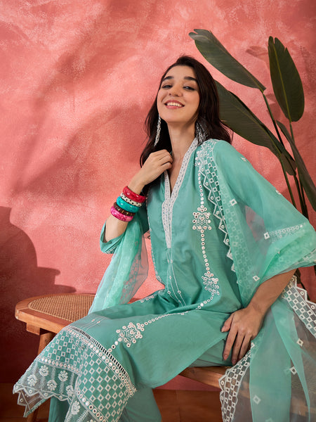Embroidered Cotton Kurta Set with Straight Pants