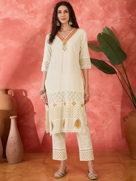 Embroidered Kurta Set with Pants and Dupatta