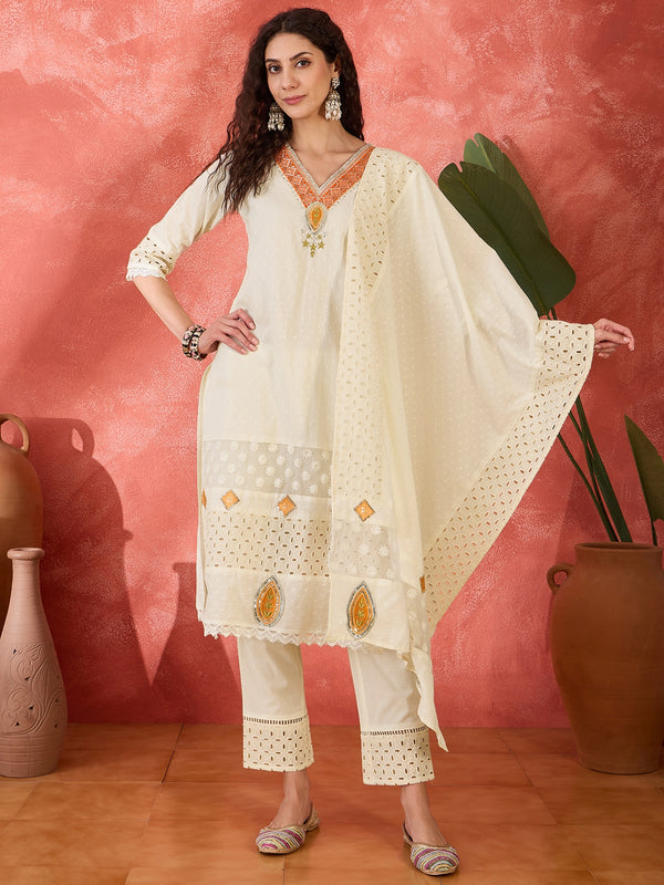 Embroidered Kurta Set with Pants and Dupatta