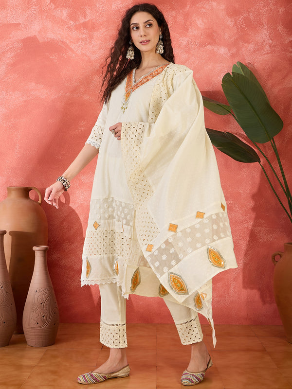 Embroidered Kurta Set with Pants and Dupatta