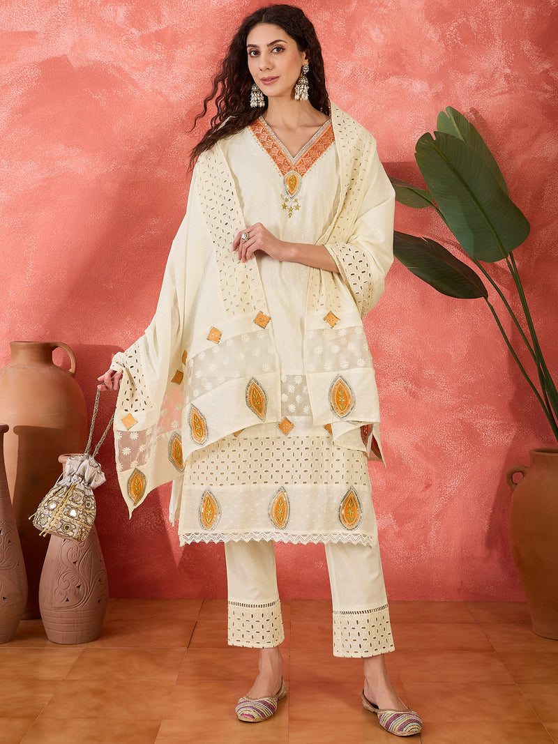 Embroidered Kurta Set with Pants and Dupatta
