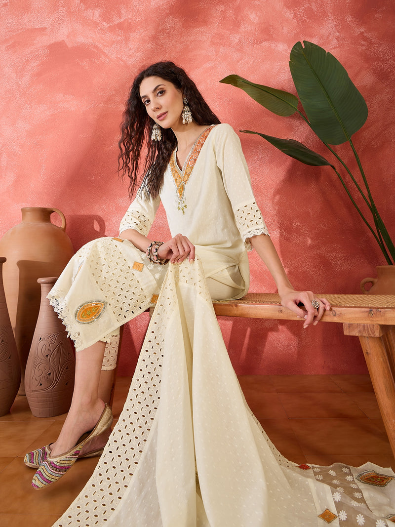 Embroidered Kurta Set with Pants and Dupatta