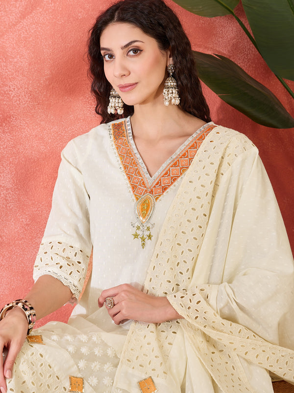 Embroidered Kurta Set with Pants and Dupatta