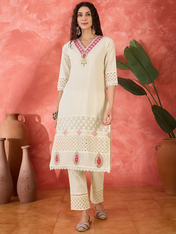 Embroidered Kurta Set with Pants and Dupatta