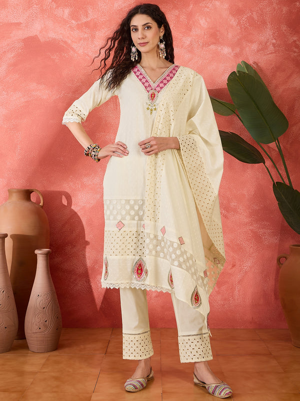 Embroidered Kurta Set with Pants and Dupatta