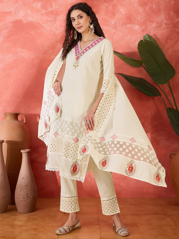 Embroidered Kurta Set with Pants and Dupatta