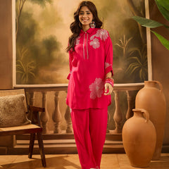 Pink Floral Embroidered Tunic With Trouser