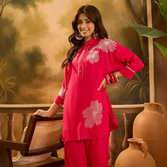 Pink Floral Embroidered Tunic With Trouser