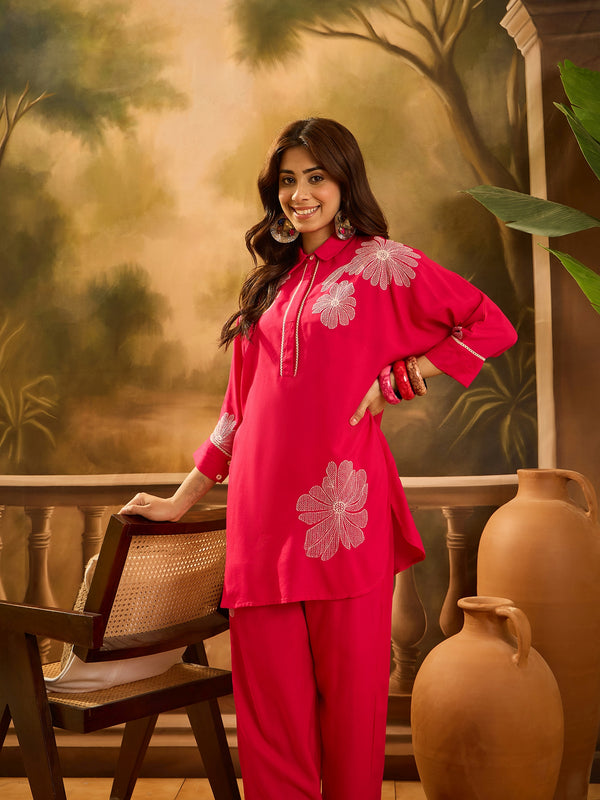 Pink Floral Embroidered Tunic With Trouser