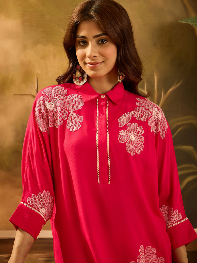 Pink Floral Embroidered Tunic With Trouser