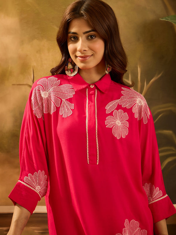 Pink Floral Embroidered Tunic With Trouser
