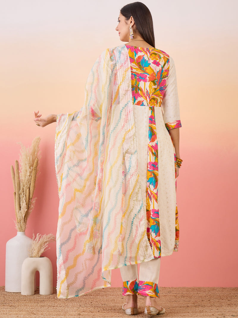 Off White Floral Embroidered Anarkali Kurta With Trouser & Dupatta Kurta Set