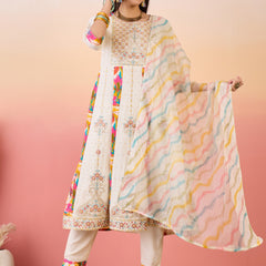 Off White Floral Embroidered Anarkali Kurta With Trouser & Dupatta Kurta Set