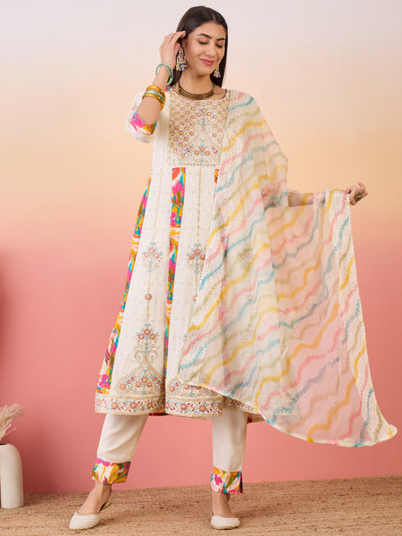 Off White Floral Embroidered Anarkali Kurta With Trouser & Dupatta Kurta Set