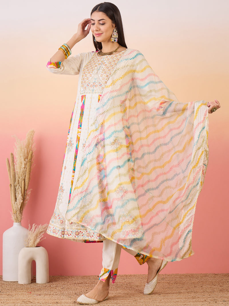 Off White Floral Embroidered Anarkali Kurta With Trouser & Dupatta Kurta Set
