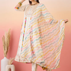 Off White Floral Embroidered Anarkali Kurta With Trouser & Dupatta Kurta Set