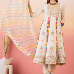 Off White Floral Embroidered Anarkali Kurta With Trouser & Dupatta Kurta Set