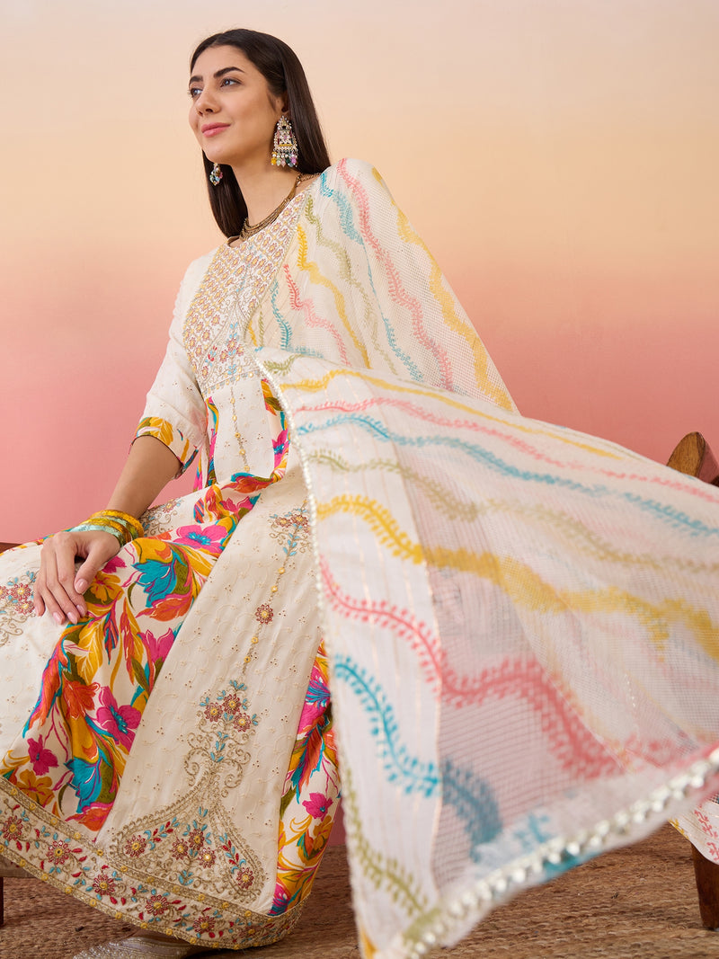 Off White Floral Embroidered Anarkali Kurta With Trouser & Dupatta Kurta Set