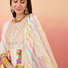 Off White Floral Embroidered Anarkali Kurta With Trouser & Dupatta Kurta Set