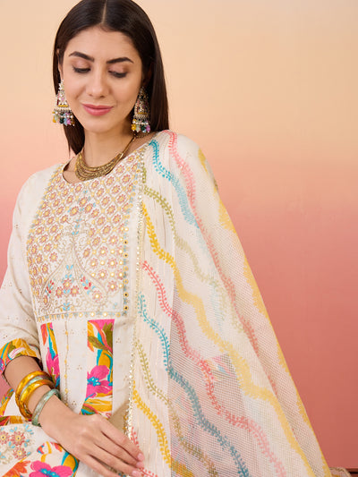 Off White Floral Embroidered Anarkali Kurta With Trouser & Dupatta Kurta Set