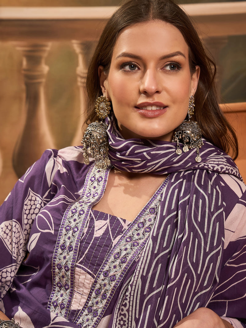 Floral Printed Pure Cotton Straight Kurta Trousers With Dupatta