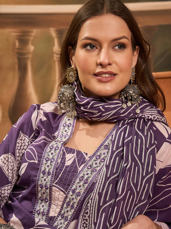 Floral Printed Pure Cotton Straight Kurta Trousers With Dupatta