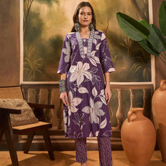 Floral Printed Pure Cotton Straight Kurta Trousers With Dupatta