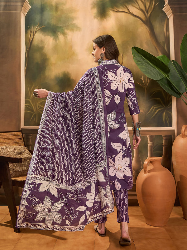 Floral Printed Pure Cotton Straight Kurta Trousers With Dupatta