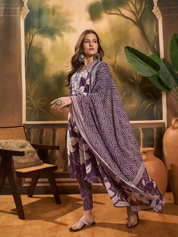 Floral Printed Pure Cotton Straight Kurta Trousers With Dupatta