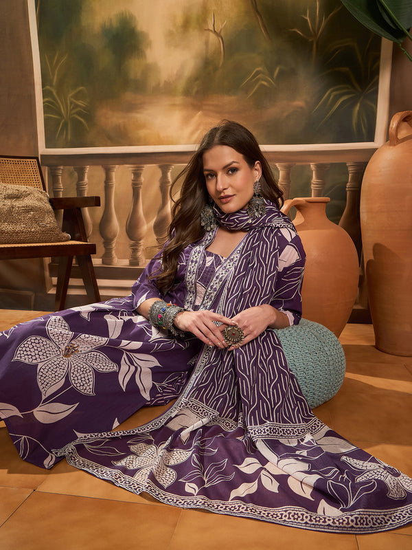 Floral Printed Pure Cotton Straight Kurta Trousers With Dupatta