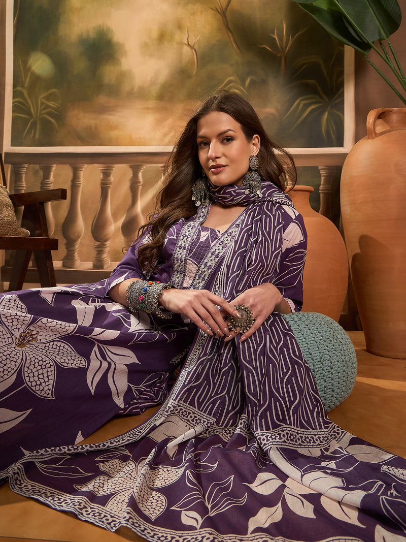 Floral Printed Pure Cotton Straight Kurta Trousers With Dupatta