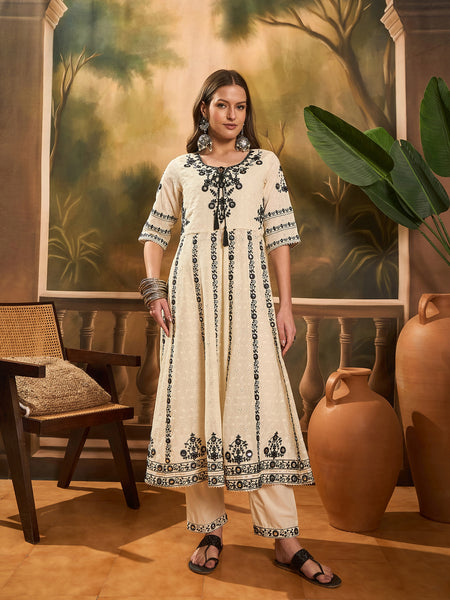 Women Floral Embroidered A-Line Kurta With Trousers & Dupatta