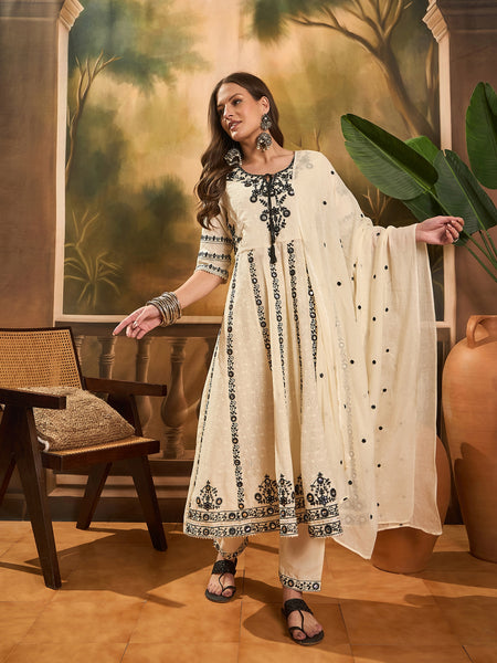 Women Floral Embroidered A-Line Kurta With Trousers & Dupatta