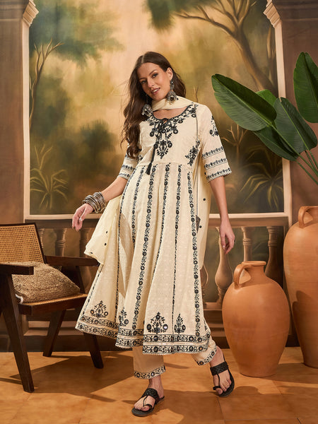 Women Floral Embroidered A-Line Kurta With Trousers & Dupatta