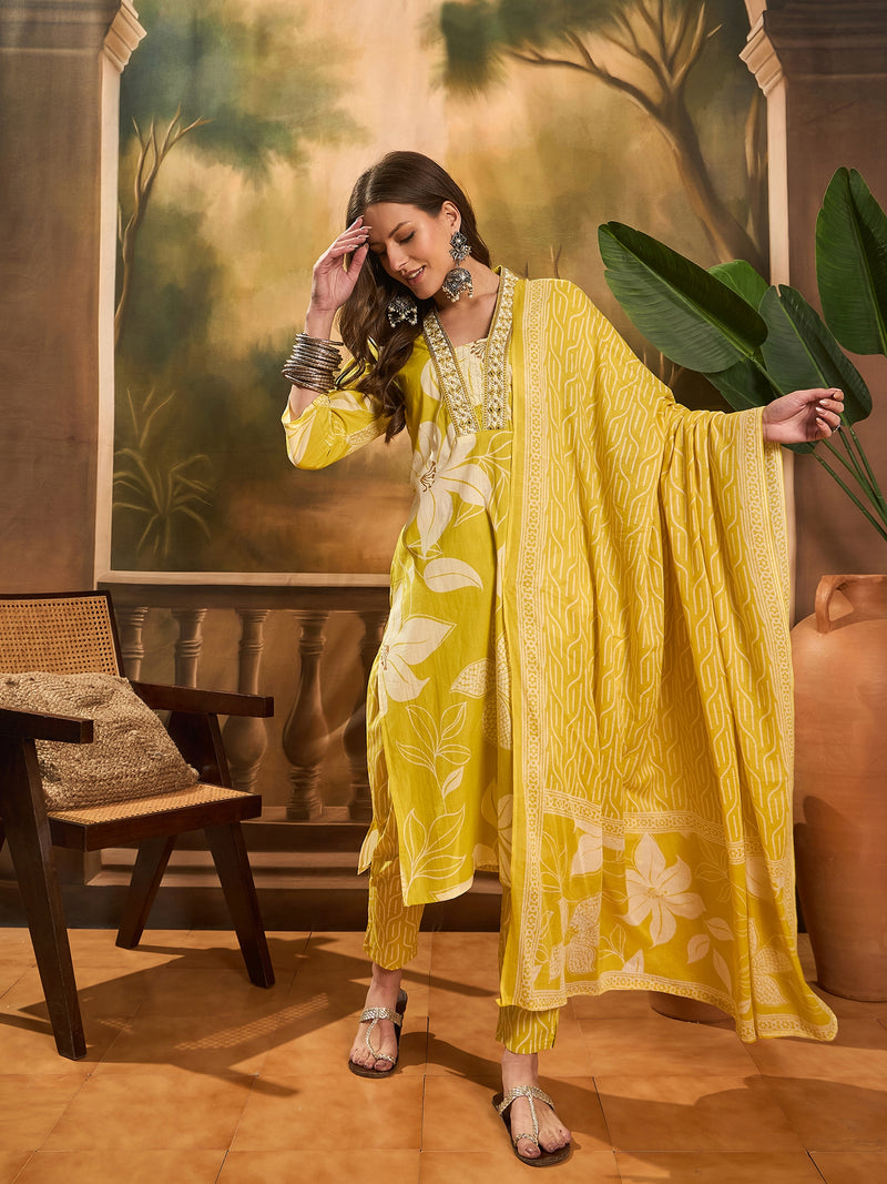 Floral Print Straight Kurta Set With Dupatta