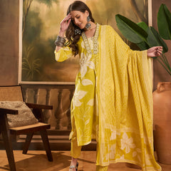 Floral Print Straight Kurta Set With Dupatta
