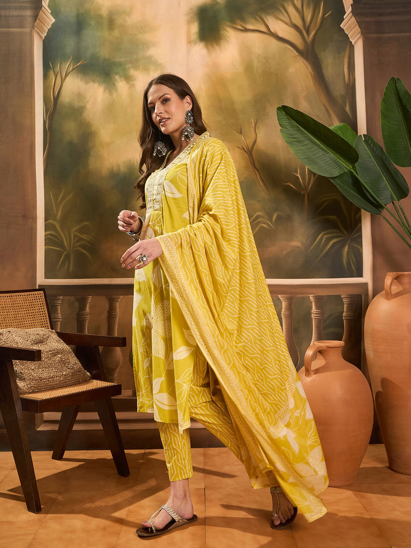Floral Print Straight Kurta Set With Dupatta