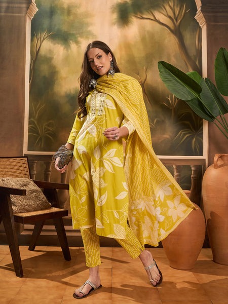 Floral Print Straight Kurta Set With Dupatta