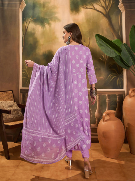 Printed A-Line Kurta With Trousers & Dupatta