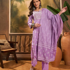 Printed A-Line Kurta With Trousers & Dupatta