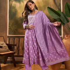 Printed A-Line Kurta With Trousers & Dupatta
