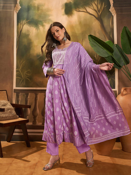 Printed A-Line Kurta With Trousers & Dupatta
