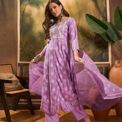 Printed A-Line Kurta With Trousers & Dupatta