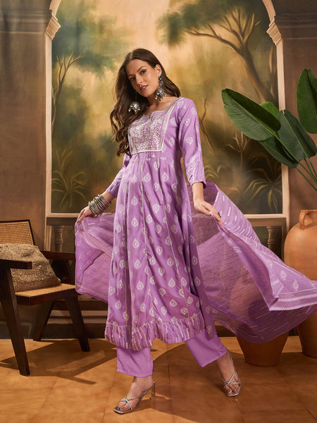 Printed A-Line Kurta With Trousers & Dupatta