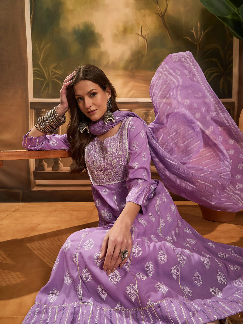 Printed A-Line Kurta With Trousers & Dupatta