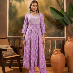 Printed A-Line Kurta With Trousers & Dupatta