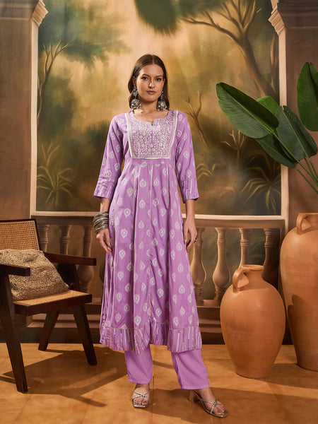 Printed A-Line Kurta With Trousers & Dupatta