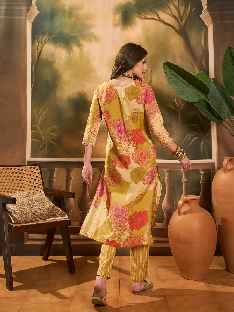Floral Printed V Neck Straight Kurta & Trousers